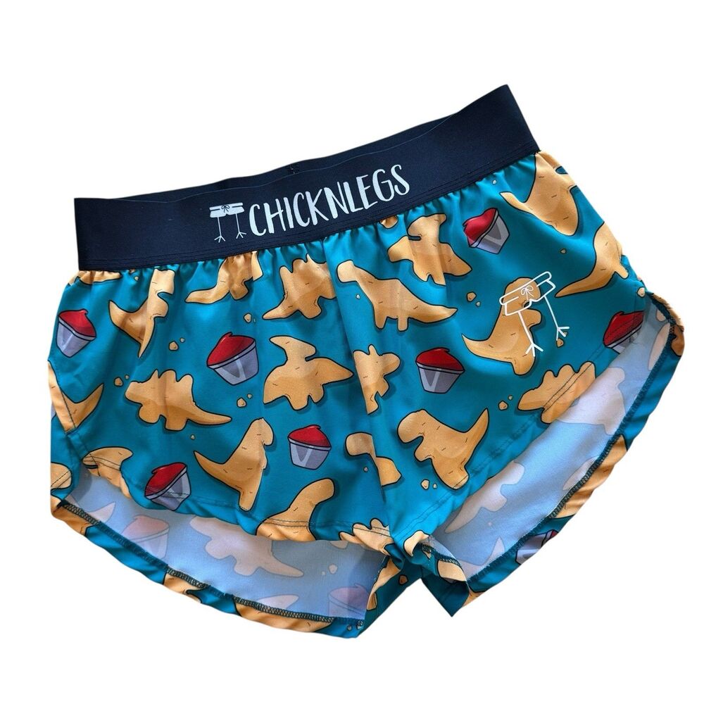 ChicknLegs Women's 1.5" Split Running Shorts XS Dino "Nuggets" print PRSTINE